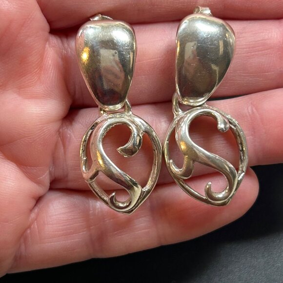 Sterling Silver 925 Door Knocker Scroll Drop Shaped Bold Dangle Earrings 1.5" L - Picture 8 of 9